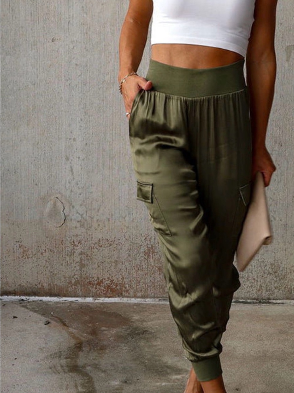 High-Rise Olive Satin Cargo Joggers for Women